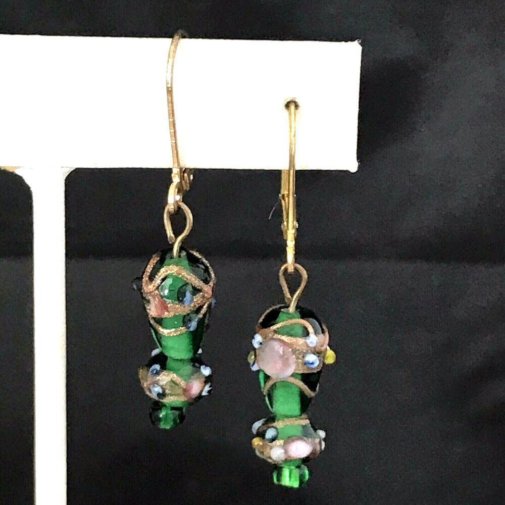 Vintage 1980s Glass Drop Earrings Green Wedding Cake Beads Gold Tone - 9N